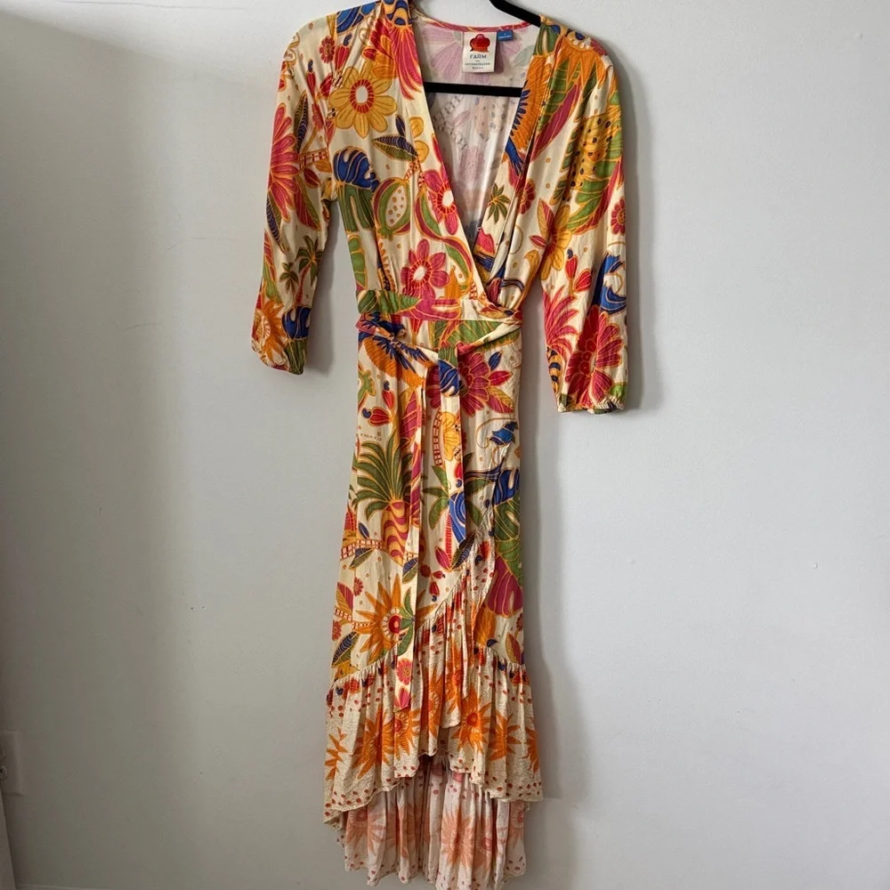 Farm Rio Long-Sleeve V-Neck Wrap Midi Dress Size S
